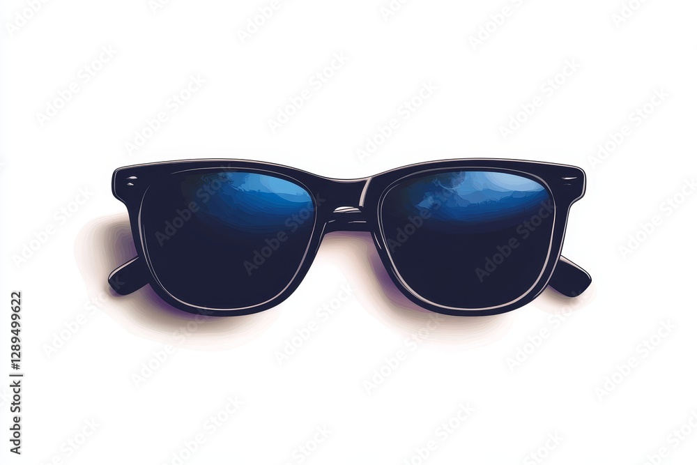 Fototapeta premium Stylish Sunglasses on White Background - A pair of fashionable sunglasses with dark lenses placed on a clean white background, showcasing a modern design