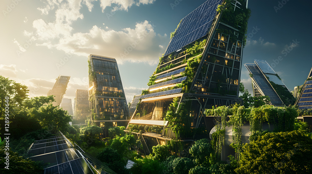 An architects futuristic solar city design with interconnected solar-powered buildings.