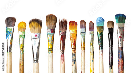 Set of paintbrushes with dried paint on bristles, artistic tools for painters and creatives, isolated on a white background