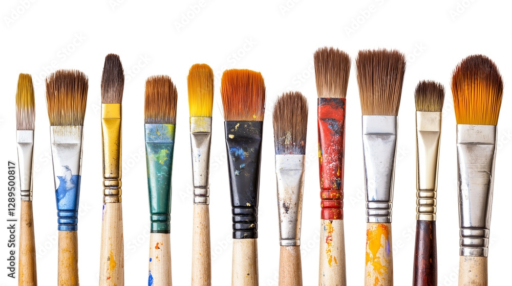 Fototapeta premium Set of paintbrushes with dried paint on bristles, artistic tools for painters and creatives, isolated on a white background