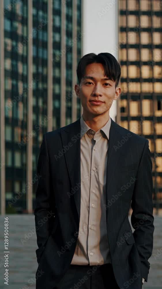 Successful young asian entrepreneur standing confidently in tailored suit, posing with hands in pockets near modern glass skyscrapers of bustling business district Successful young asian entrepreneur standing confidently in tailored suit, posing with hands in pockets near modern glass skyscrapers of bustling business district
