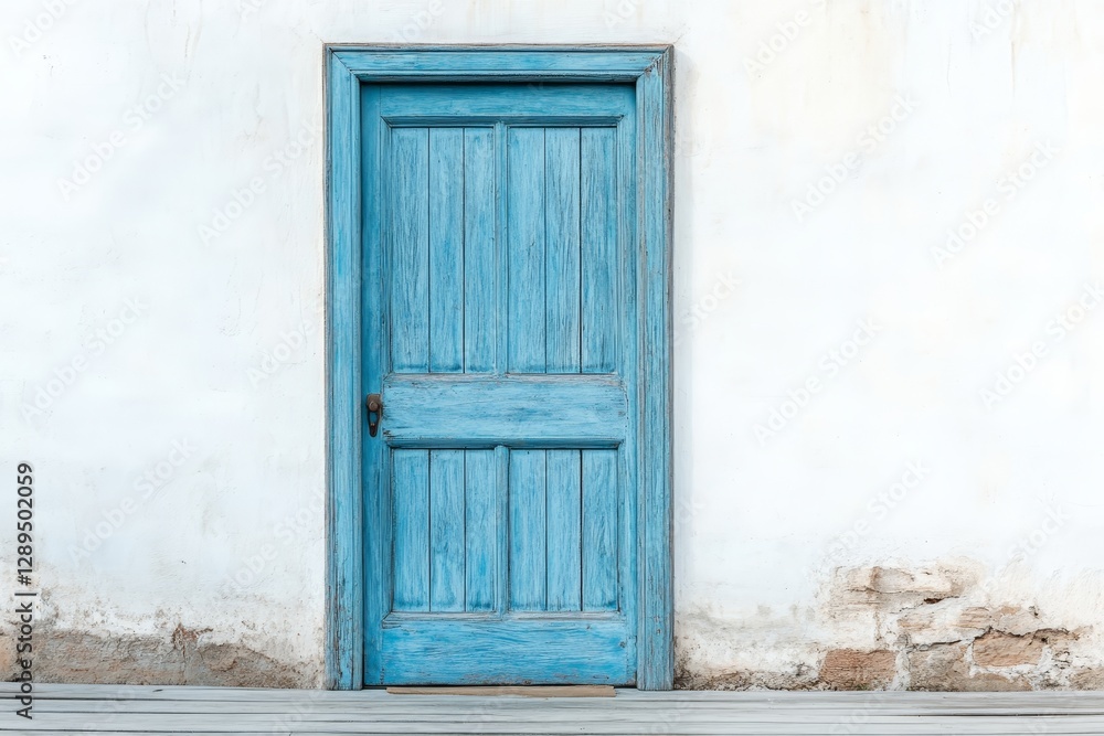 Fototapeta premium Vintage Blue Door on White Wall - A charming vintage blue door against a white weathered wall, showcasing rustic beauty and simplicity