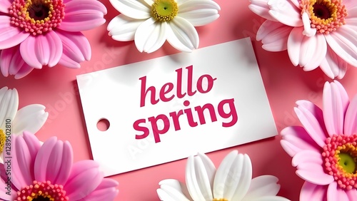 Spring Concept. The words “hello spring” surrounded by pink and white flowers