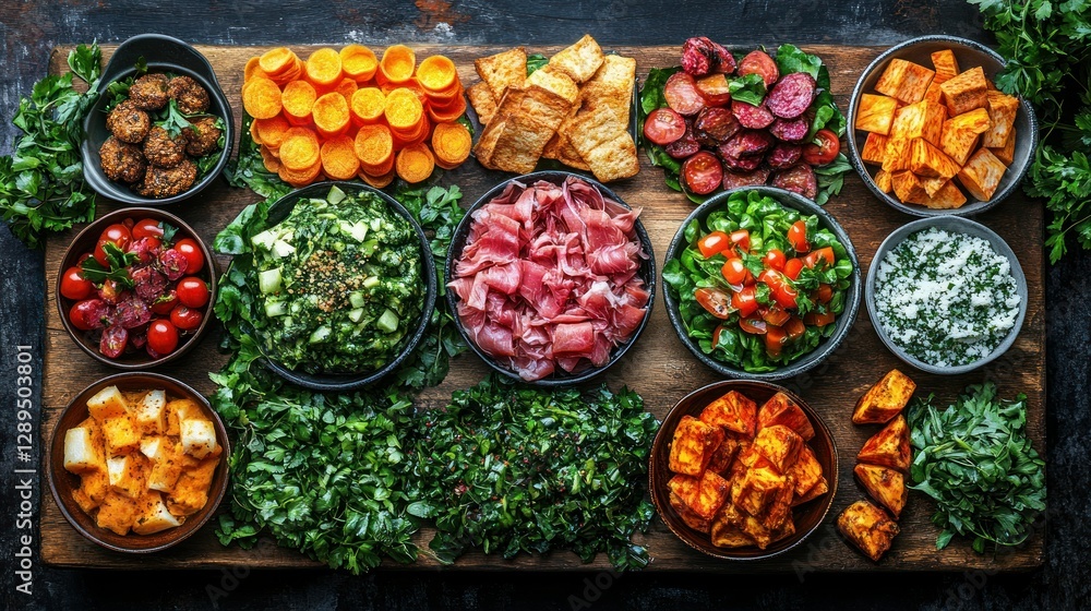 Fototapeta premium Diverse Appetizer Board, Kitchen, Overhead, Party Food