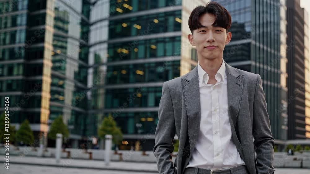 Confident young asian entrepreneur standing in sleek business district, embodying professional success with powerful urban backdrop and elegant posture Confident young asian entrepreneur standing in sleek business district, embodying professional success with powerful urban backdrop and elegant posture