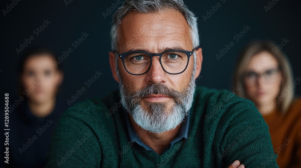 Obraz premium Confident man leading team, serious expression, dark background, business portrait