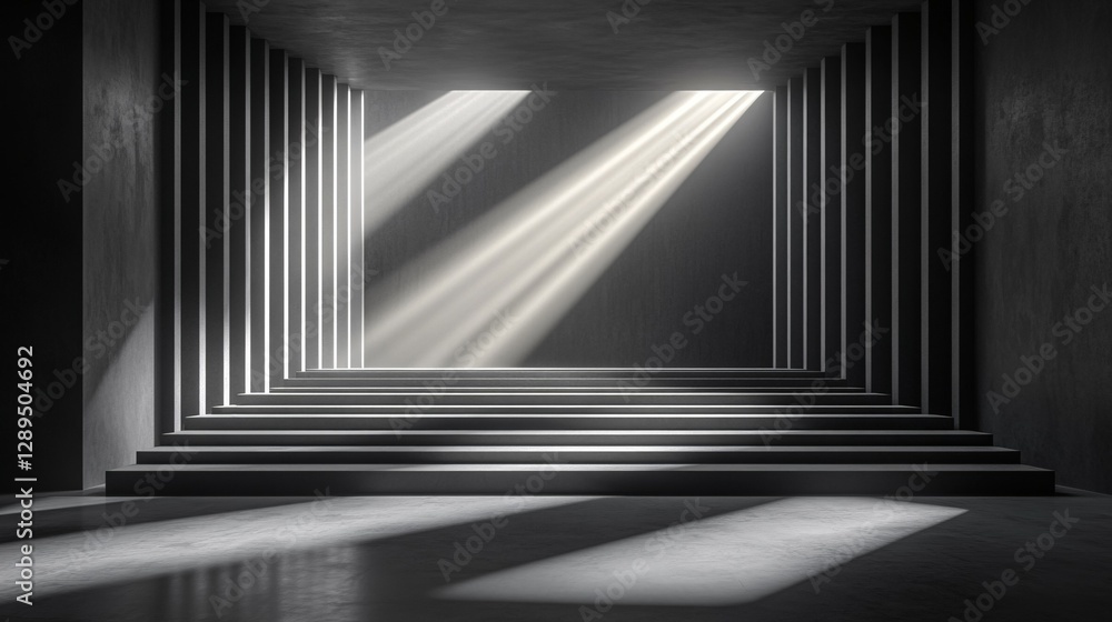Fototapeta premium A Dark Interior With Dramatic Staircase and Striking Light Beams
