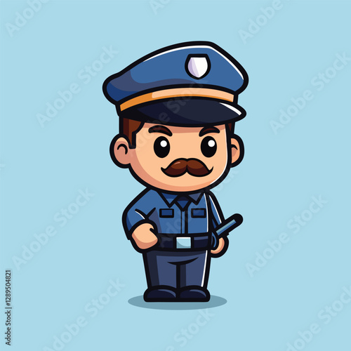 Cute Man Police Holding Stick Baton Cartoon Icon Illustration