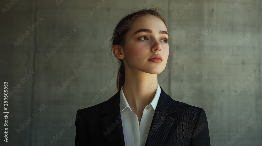 Confident Young Woman in Business Attire Against a Modern Concrete Background Confident Young Woman in Business Attire Against a Modern Concrete Background