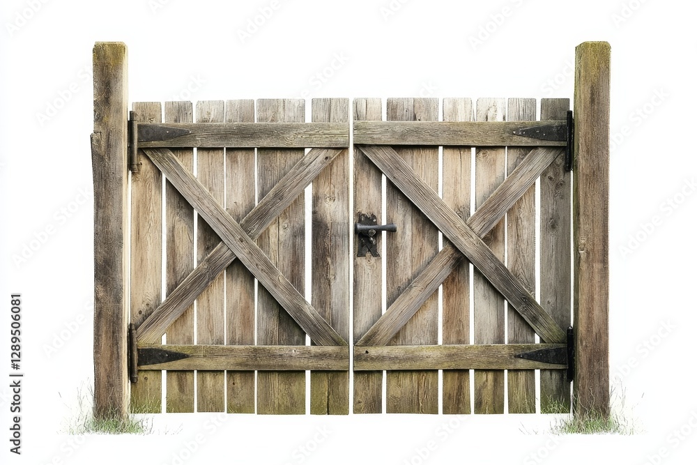 Wooden Gate Isolated on White Background - A rustic wooden gate with cross bracing and a lock, symbolizing security, entrance, privacy, nature, and craftsmanship Wooden Gate Isolated on White Background - A rustic wooden gate with cross bracing and a lock, symbolizing security, entrance, privacy, nature, and craftsmanship