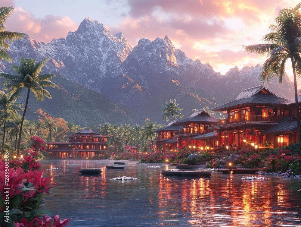 Naklejka premium Serene Sunset: Mountain Lake Village at Dusk, Tranquil Escape near Tropical Paradise