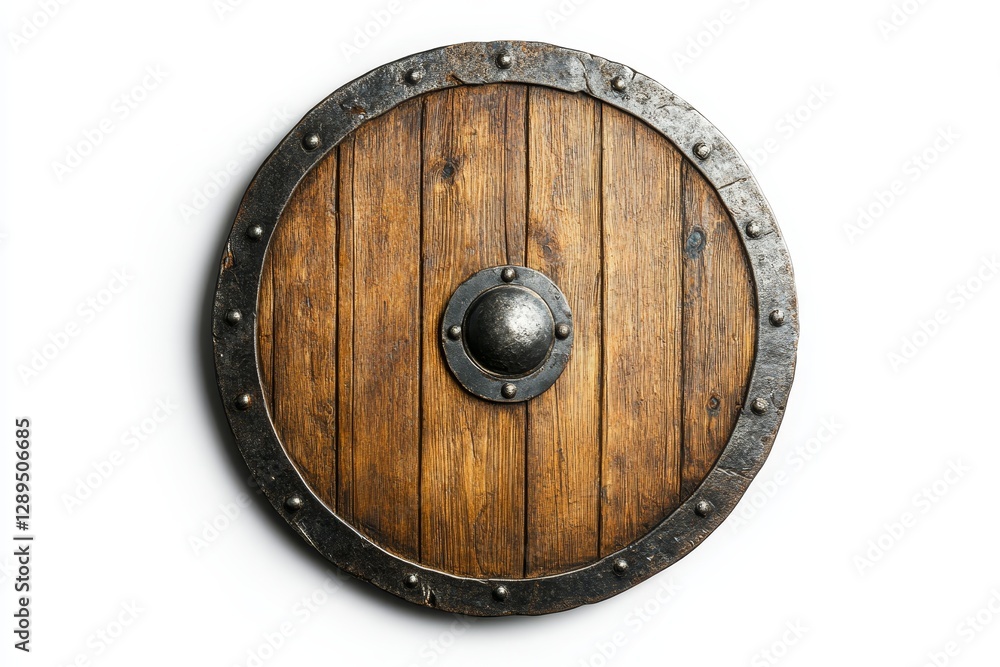 Fototapeta premium Wooden Shield with Metal Border and Round Design - This features a rustic shield made of wood and metal, symbolizing protection, history, strength, craftsmanship, and resilience