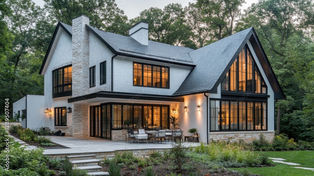 Modern scandinavian-style house with large windows in a forest setting at dusk Modern scandinavian-style house with large windows in a forest setting at dusk