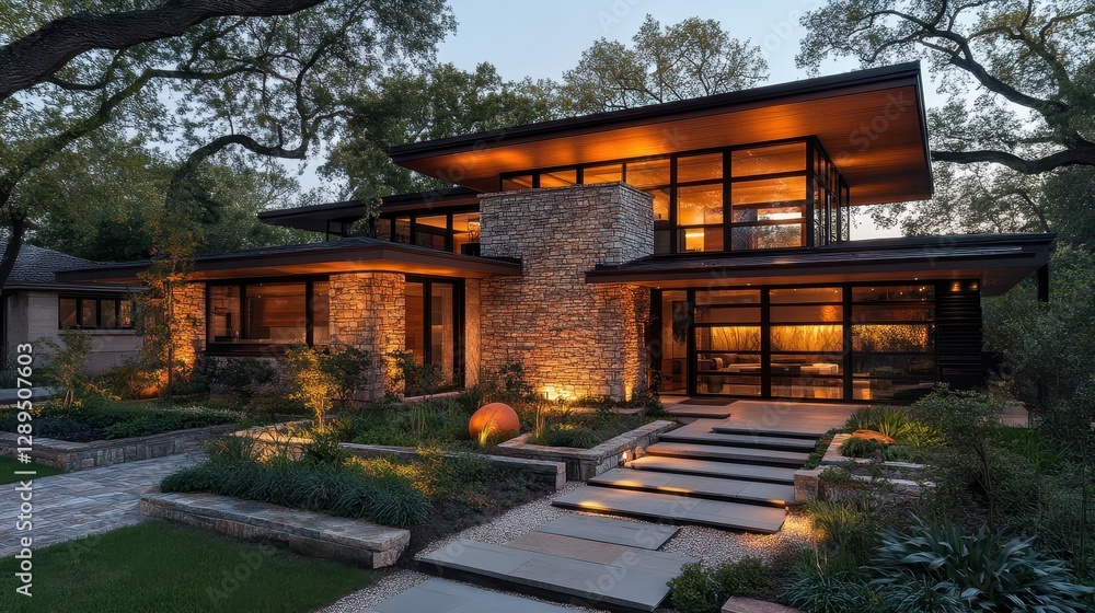 Modern two-story stone and glass house with warm ambient lighting in lush greenery Modern two-story stone and glass house with warm ambient lighting in lush greenery