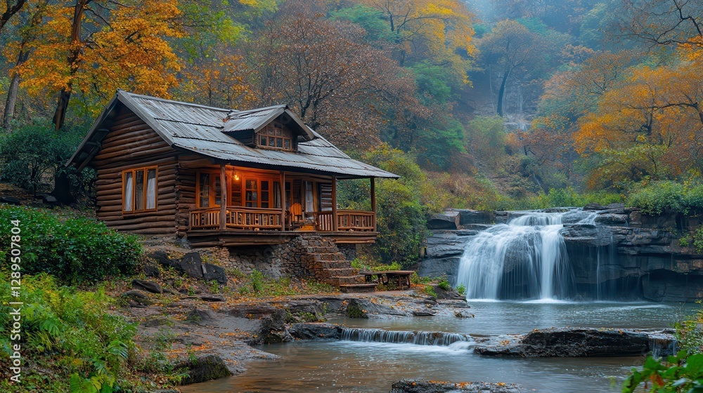Fototapeta premium Cozy log cabin by waterfall in tranquil autumn forest setting