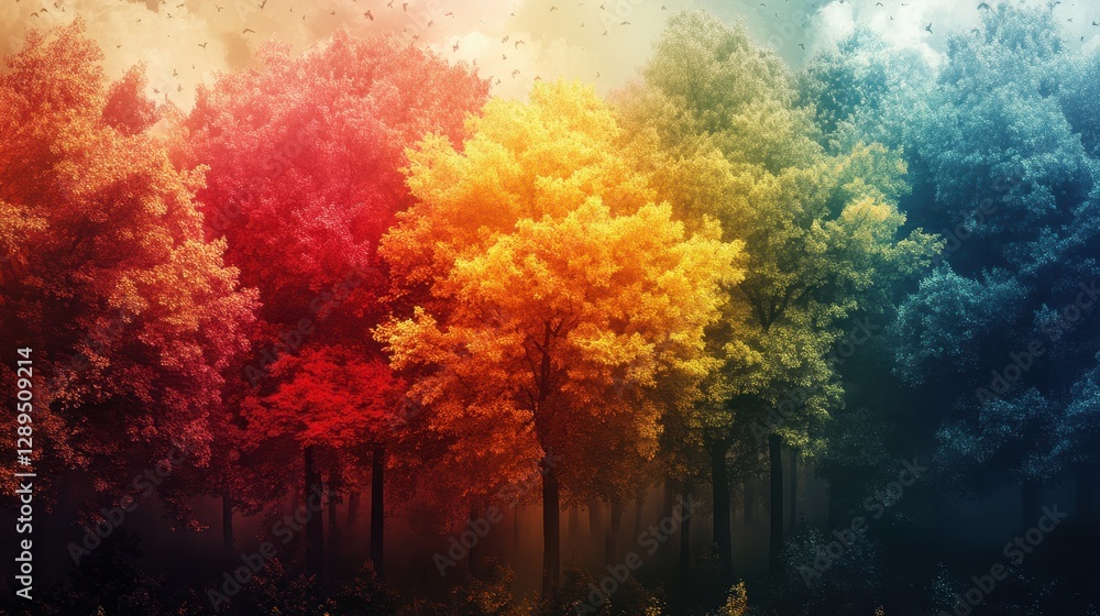 Fototapeta premium Vibrant multicolored forest with dramatic sky and lush trees in misty atmosphere