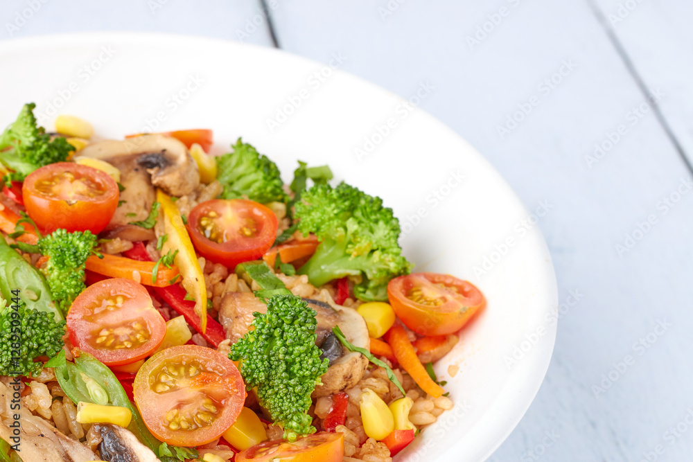 Brown rice with vegetables creating a healthy and colorful vegetarian meal Brown rice with vegetables creating a healthy and colorful vegetarian meal
