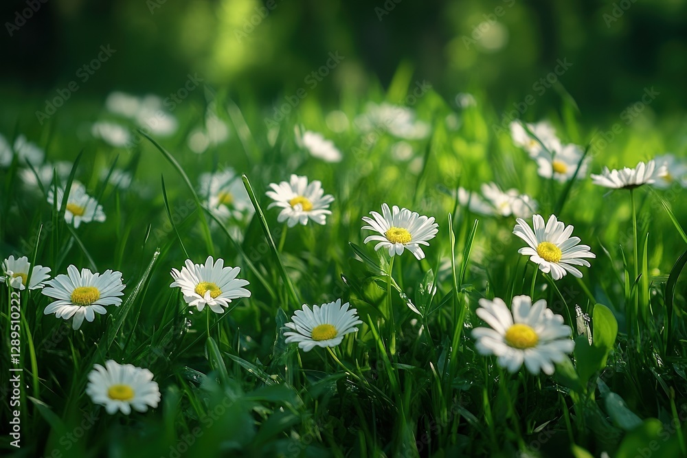 Fototapeta premium Close-up of white daisies blooming in green meadow, soft sunlight, vibrant spring scene, peaceful natural beauty, fresh air, floral landscape.