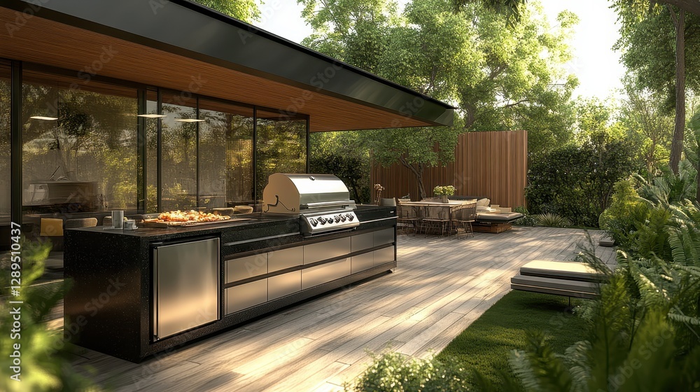 Obraz premium Modern outdoor kitchen with grill and dining area in lush garden setting