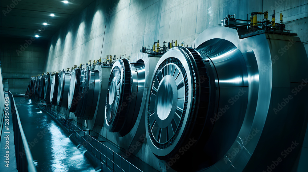 A close-up of the turbines inside a hydroelectric power plant showcasing intricate machinery.