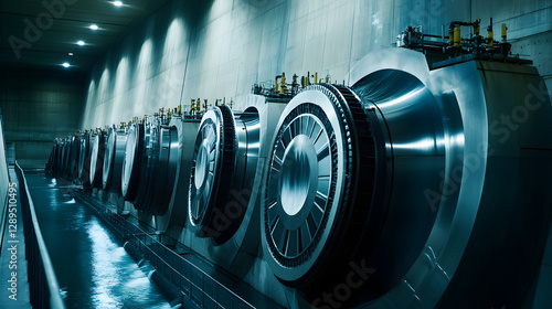 Obraz na płótnie A close-up of the turbines inside a hydroelectric power plant showcasing intricate machinery. w salonie