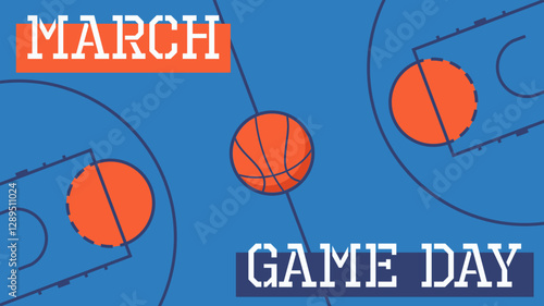 March basketball season game day. Basket ball on a blue court with lines. Vector illustration.