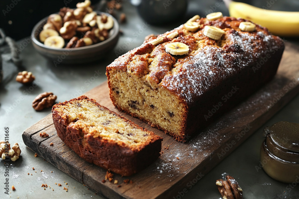 Delicious banana bread loaf with walnuts and sliced bananas on wooden board in a cozy kitchen setting Delicious banana bread loaf with walnuts and sliced bananas on wooden board in a cozy kitchen setting