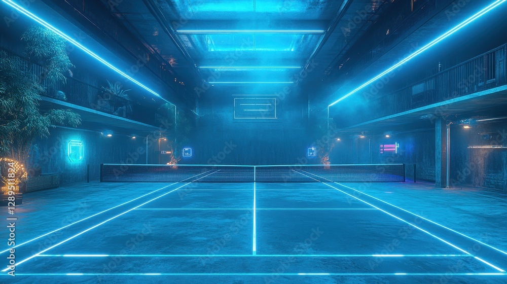 Neon-lit indoor tennis court with futuristic blue lighting Neon-lit indoor tennis court with futuristic blue lighting