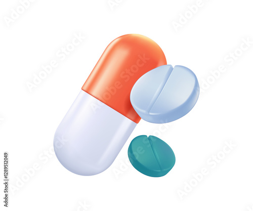 Antibiotic Pills 3D icon pharmacy concept. Pill tablet, supplements, capsule drugs and medications. Illustration of birth control pill with other pills on white background. Healthcare, hematology