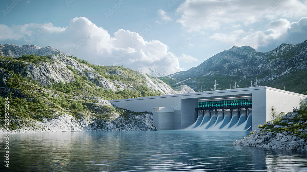A conceptual image of a hydroelectric station featuring advanced AI-driven control systems.