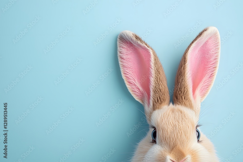 Obraz premium Easter bunny ears peek from the bottom against a soft blue backdrop. Generative AI