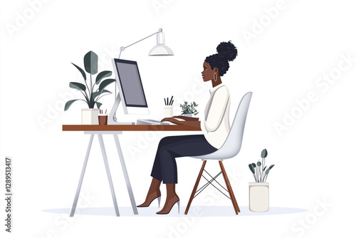 Minimalist illustration of a Black woman working at a desk with a computer in a modern home office. Stylish and productive workspace.


