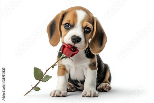 Adorable Beagle puppy sitting with a red rose in its mouth on a white background. Cute and gentle expression.

