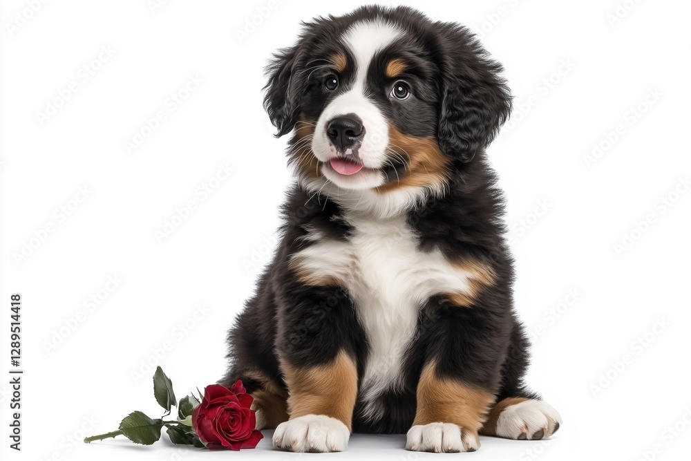 Adorable Bernese Mountain Dog puppy sitting on a white background next to a red rose, playfully sticking out its tongue. Cute and romantic pet concept.
Adorable Bernese Mountain Dog puppy sitting on a white background next to a red rose, playfully sticking out its tongue. Cute and romantic pet concept.