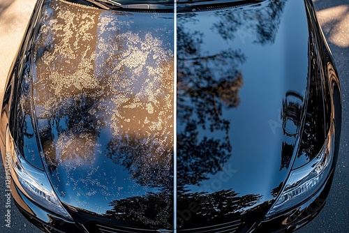  Side-by-side comparison of car hood, left side dirty with dull paint, right side polished to mirror-like shine, deep black color reflecting blue sky, crisp dividing line.