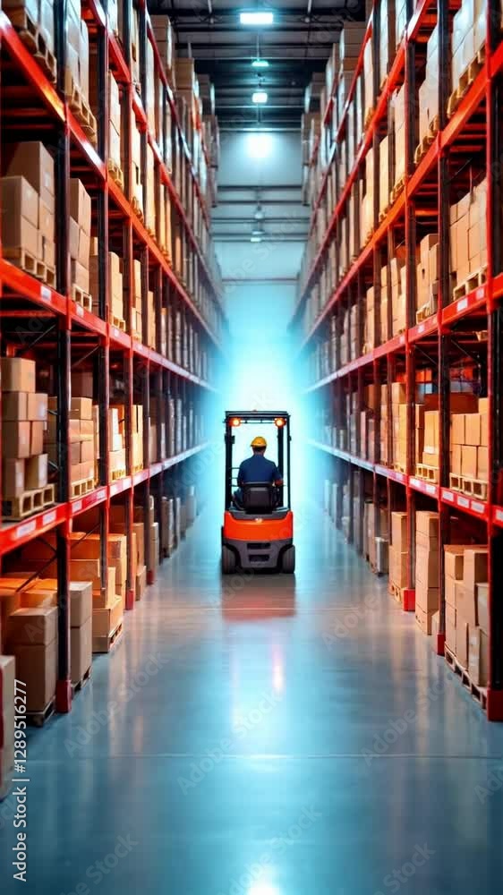 Forklift Operator Navigating Warehouse Aisle with Boxes Forklift Operator Navigating Warehouse Aisle with Boxes
