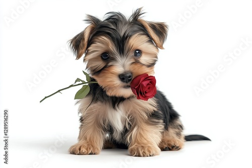 Adorable Yorkshire Terrier puppy sitting with a red rose in its mouth, looking cute and charming on a white background.

