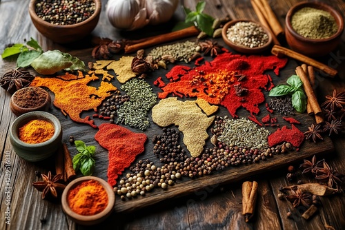Fototapeta Naklejka Na Ścianę i Meble -   World map created from colorful spices and herbs on rustic wooden background, artistic culinary design, cultural diversity, vibrant food-themed artwork.