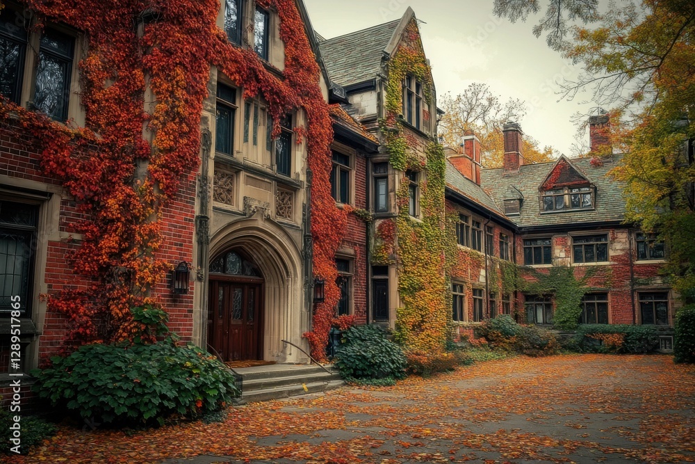 Fall College Campus. University Architecture with Autumn Leaves at American College Campus Fall College Campus. University Architecture with Autumn Leaves at American College Campus