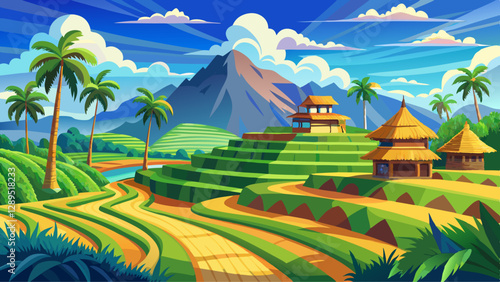 Scenic rice terraces with traditional huts and cloudy blue skies in rural bali landscape