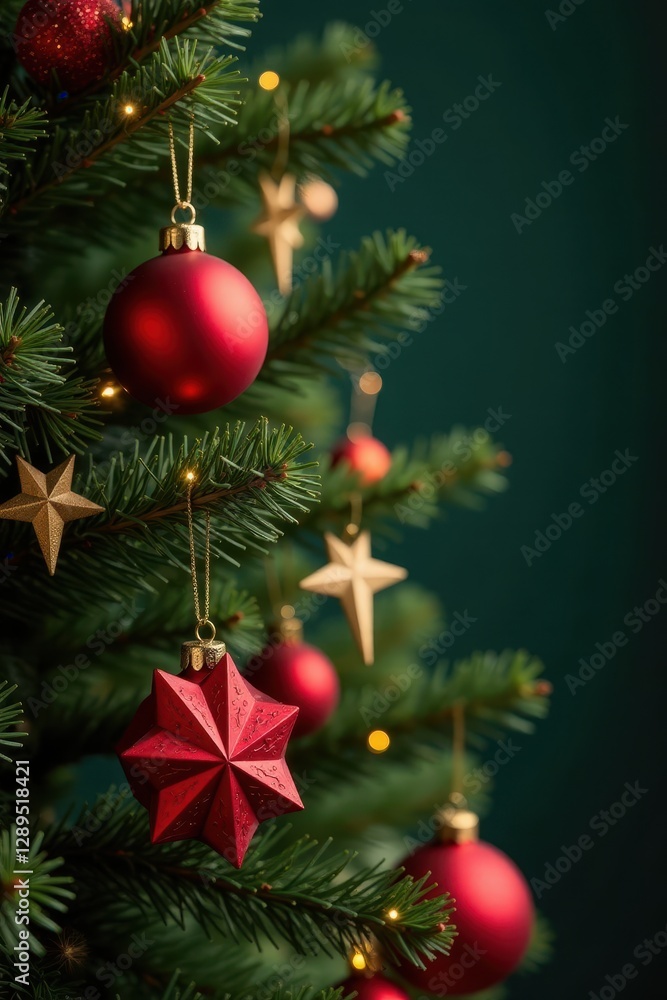 Ornate red star ornaments adorn a lush green Christmas tree , green, holiday season, christmas tree ornament Ornate red star ornaments adorn a lush green Christmas tree , green, holiday season, christmas tree ornament