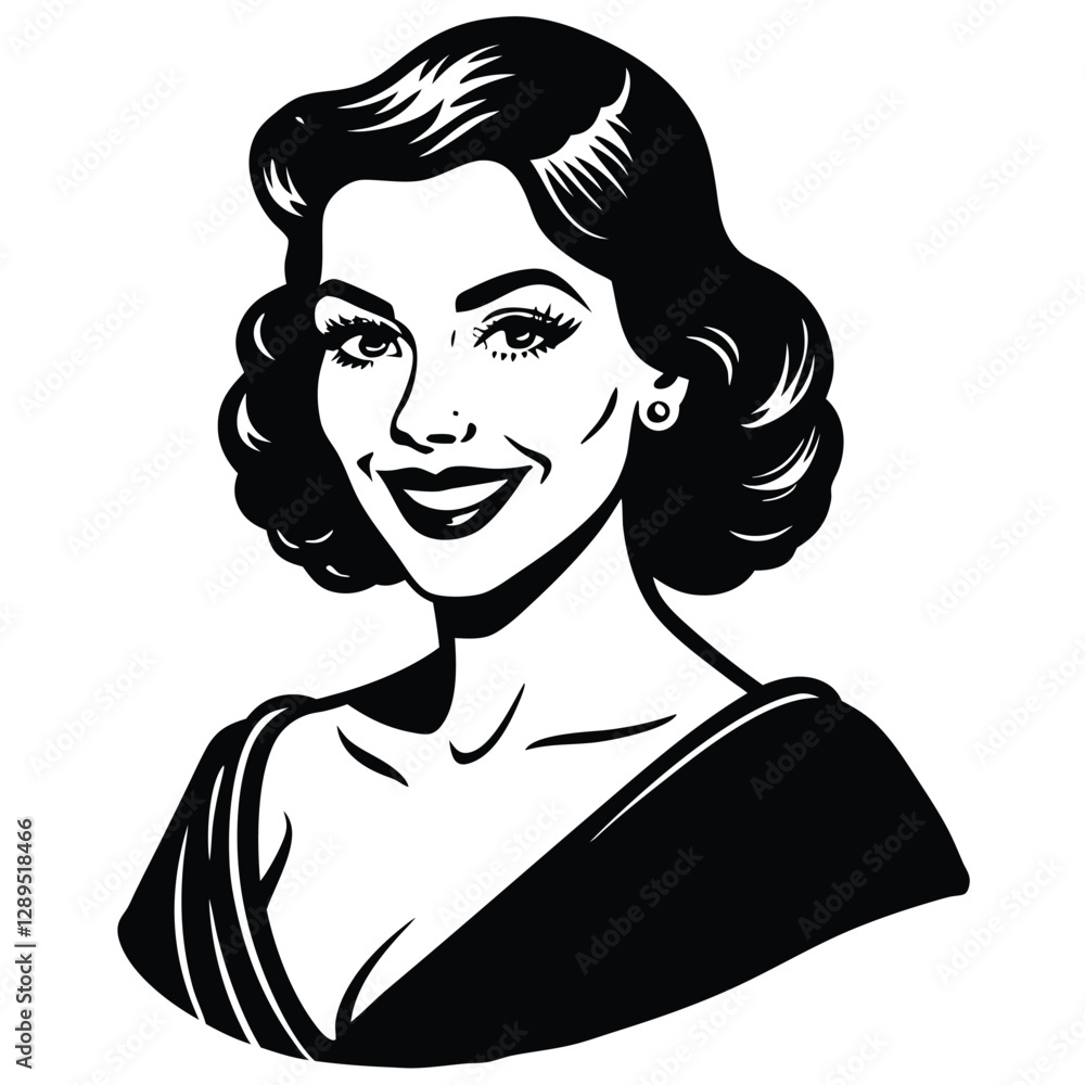 1950s glamour, black and white artwork, stylized retro beauty, short wavy hair, bold eyebrows, bright smile, classic Hollywood starlet, graphic design style, Vintage portrait illustration, 1950s glamour, black and white artwork, stylized retro beauty, short wavy hair, bold eyebrows, bright smile, classic Hollywood starlet, graphic design style, Vintage portrait illustration,