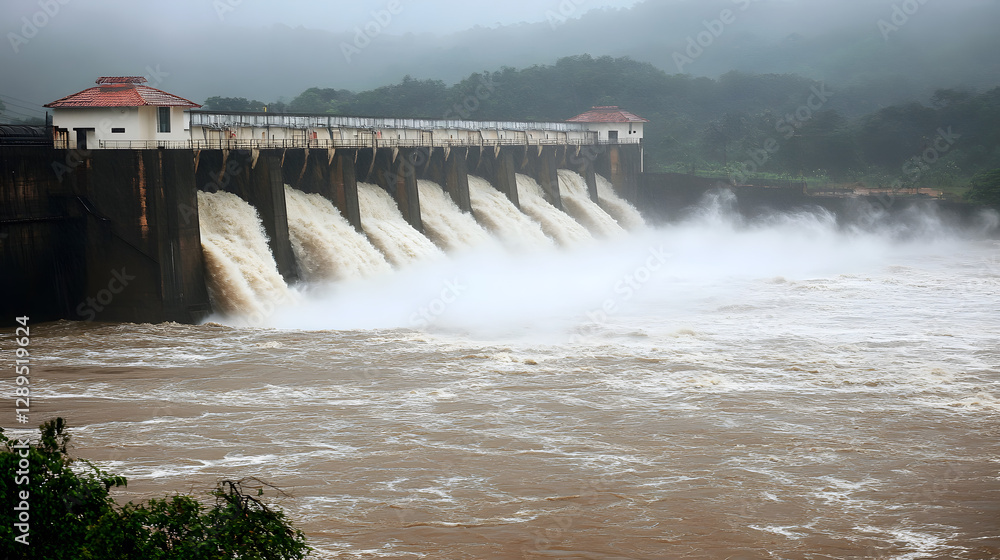 A dramatic view of a hydroelectric dam during heavy rainfall with water thundering through the gates.