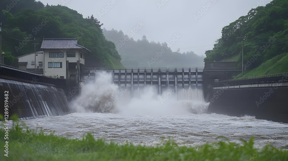A dramatic view of a hydroelectric dam during heavy rainfall with water thundering through the gates.