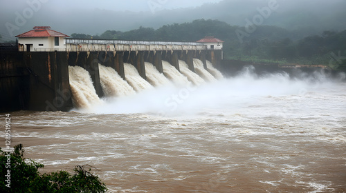 Obraz na płótnie A dramatic view of a hydroelectric dam during heavy rainfall with water thundering through the gates. w salonie