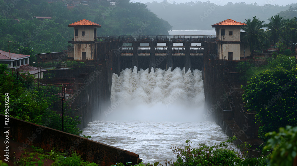 A dramatic view of a hydroelectric dam during heavy rainfall with water thundering through the gates.