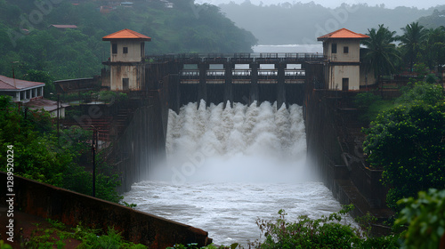 A dramatic view of a hydroelectric dam during heavy rainfall with water thundering through the gates.
