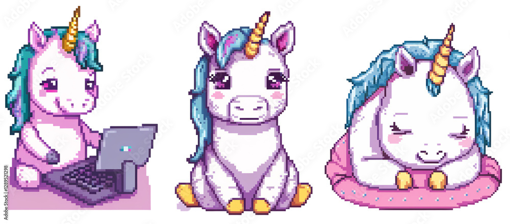 Fototapeta premium collection of pixel art unicorns in various styles and poses, 8-bit style