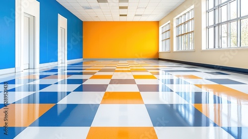 Empty school corridor with bright blue and orange walls features a glossy checkered tile floor reflecting natural light from large windows.