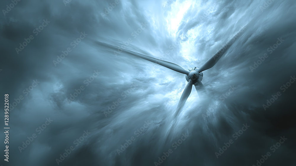 A dynamic image showing wind turbines spinning rapidly under fast-moving storm clouds.